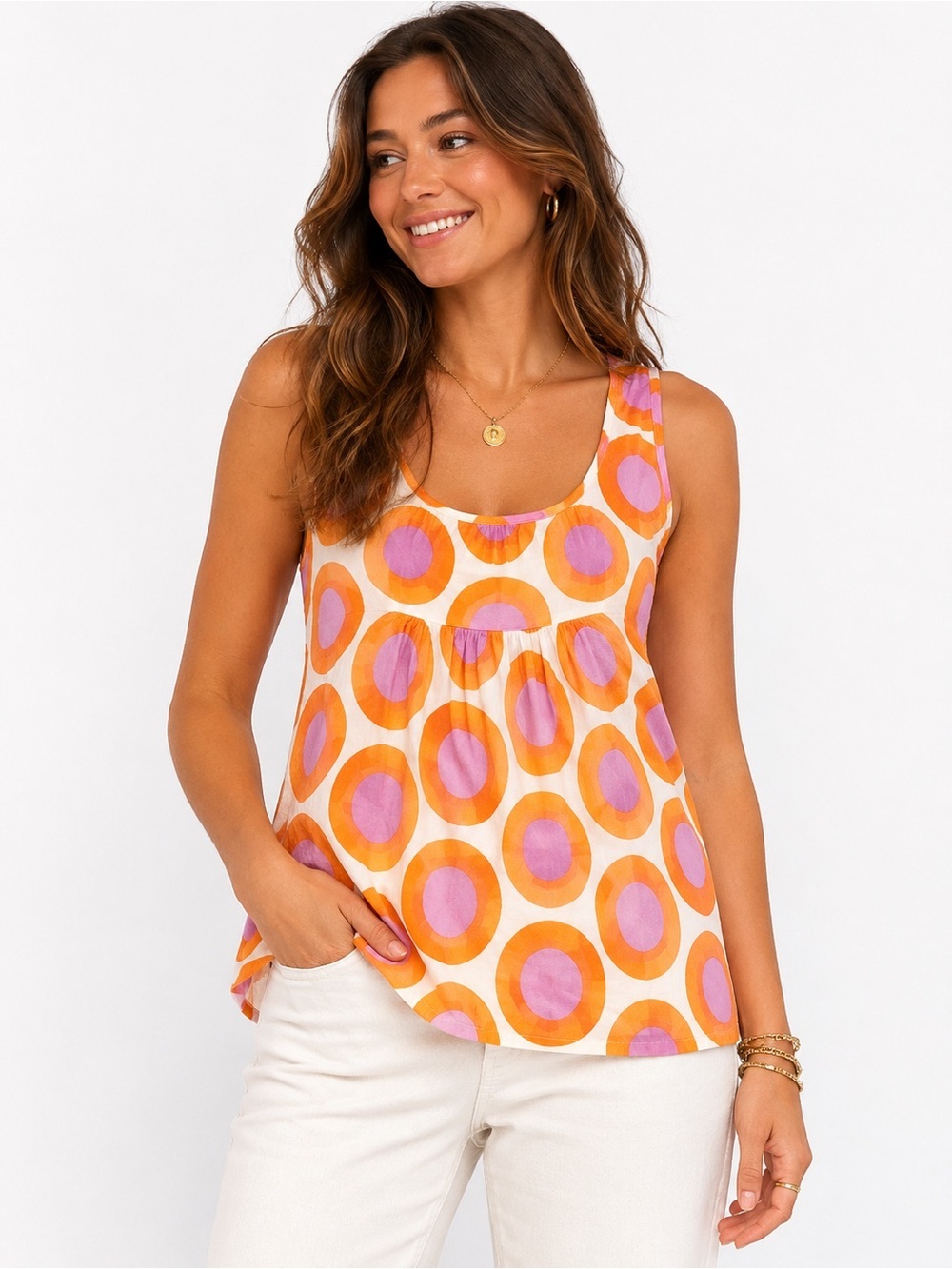 Marimekko for Anthropologie Cotton Tunic Top Size 8 Pink Orange Circle Print